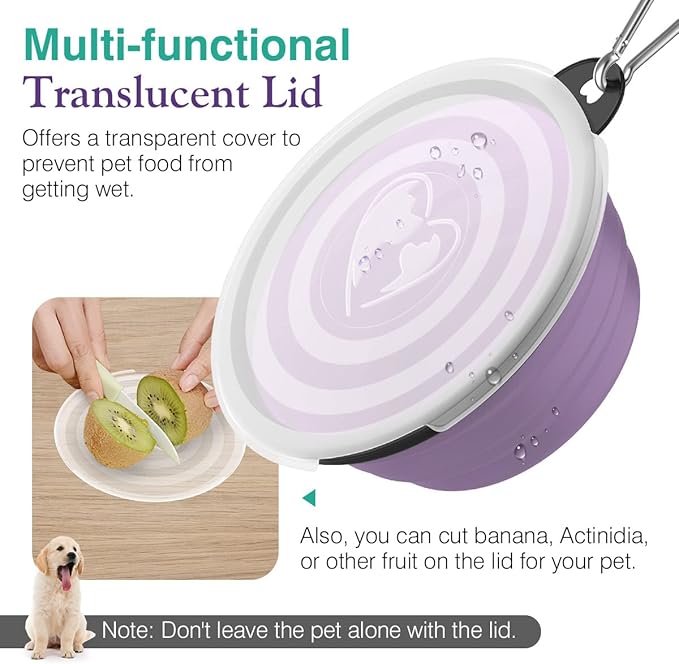 Pawaboo Collapsible Dog Bowls 2 Pack, Silicone Feeding Watering Bowls with Lids & Carabiners for Dogs Cats, Portable Water Feeder Food Bowl for Walking Traveling Home Use, 1000ml, Violet+Turquoise