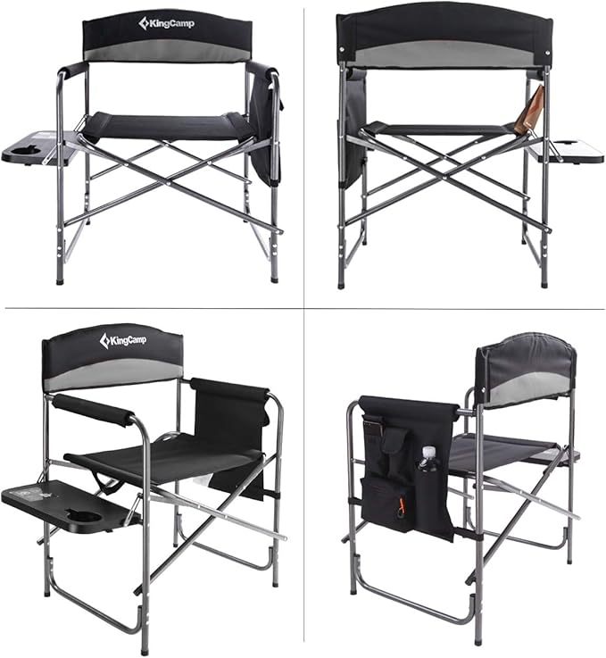KingCamp Camping Foldable Padded Director Arm Chair with Side Table and Pocket, Grey