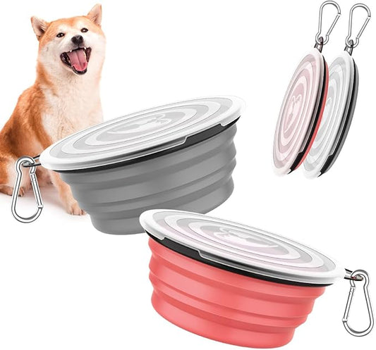 Pawaboo Collapsible Dog Bowls 2 Pack, Silicone Feeding Watering Bowls with Lids & Carabiners for Dogs Cats, Portable Water Feeder Food Bowl for Walking Traveling Home Use, Light Pink + Grey