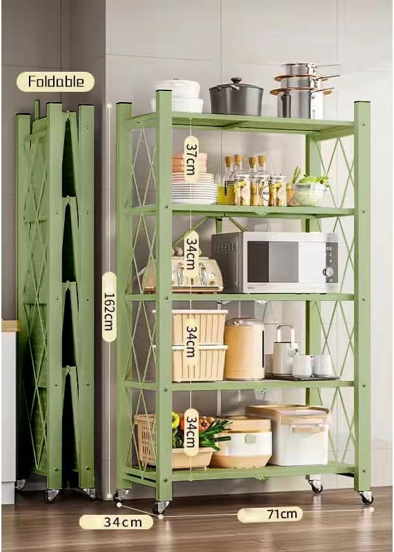 4-Tire Storage Rack, 28*13*63.8in Foldable Metal Garage Storage Shelves Organizer, Portable Metal Kitchen Shelving, Closet Shelving Unit Bakers Rack Microwave Stand, Green(Tiered Shelf-5)