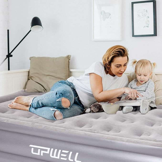 UPWELL Inflatable Air Mattress Twin with Built in Pump Comfort Blow up Bed Waterproof Fast&Easy Set up Dura Beam Strong Support Mattress for Home Guests & Camping Grey