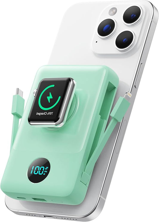 Magnetic Portable Charger for iPhone with Built-in Cables, 6-in-1 10800mAh Power Bank with iWatch Charger & LCD Display,25W Fast Charging Battery Pack for iPhone 16/15/14/13/12,Apple Watch (Green)