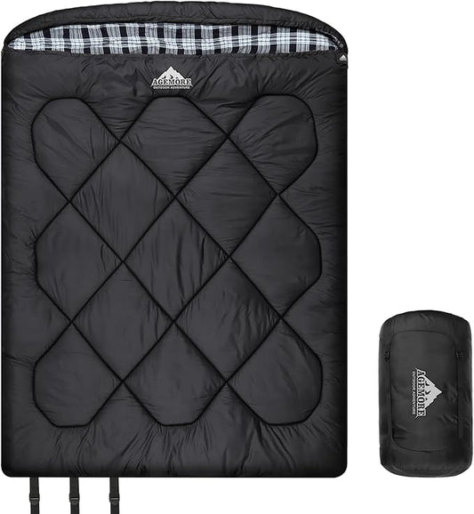 AGEMORE 0 Degree Double Sleeping Bag for Adults, Cotton Flannel Lined 2 Person Queen Size Warm Sleeping Bag for Family Winter Camping or RV Traveling