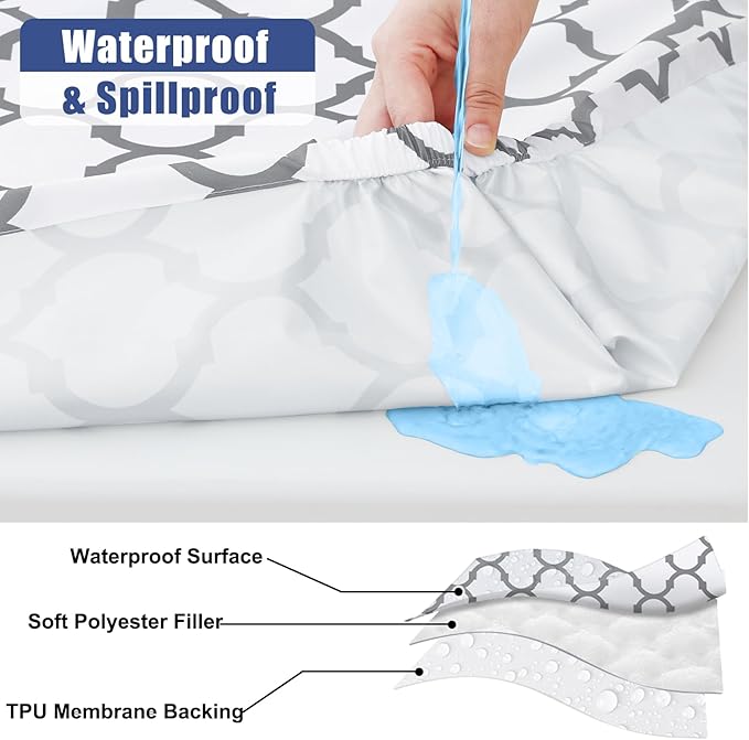 Smiry Picnic Table Cover with Bench Covers, Waterproof Elastic Fitted Tablecloth for 6 Foot Tables, Washable Polyester Tablecloths for Camping, Indoor & Outdoor (White Morocco, 30x72 Inch 3-pc Set)