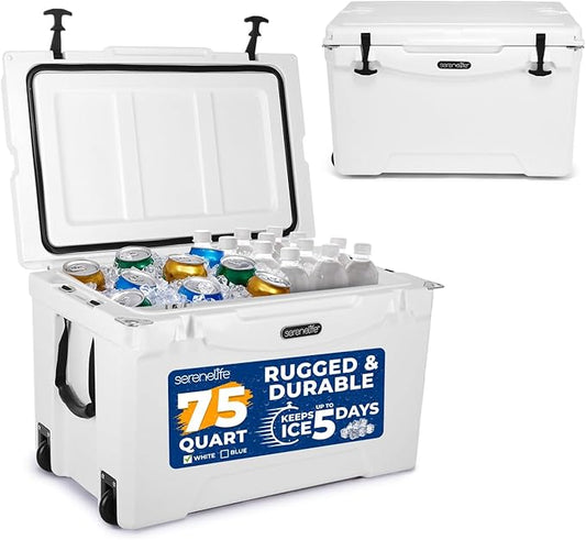 SereneLife Ultra-Tough 25-75 Quart Rotomolded Cooler Box, Holds Upto 64 Cans, Keeps Ice Up to 5 Days, Heavy-Duty Insulated Portable Ice Chest Box, Ideal for Camping, Beach, Picnics, Tailgating, etc