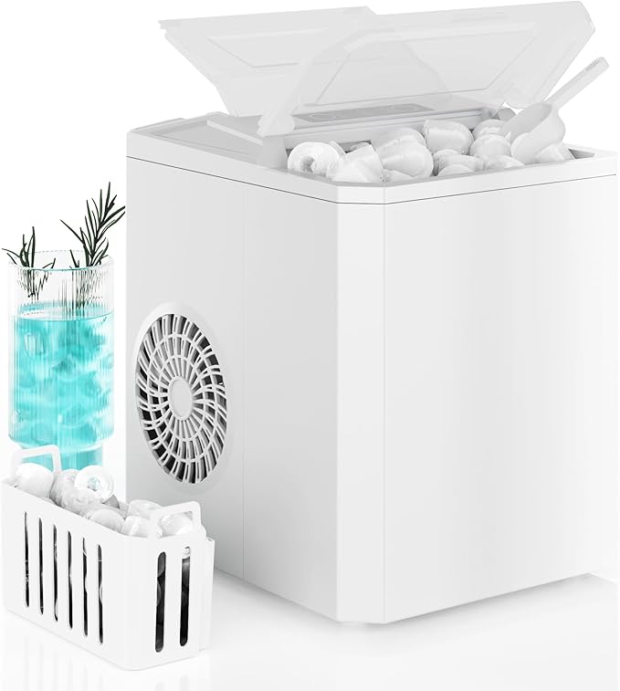 DUMOS Countertop Ice Maker, Portable 1.5L Ice Machine with Self-Cleaning, 26.5lbs/24H Fast Ice Making, 9 Bullet Ice Cubes in 6 Mins, 2 Size Options, Quiet Compact Ice Maker, White