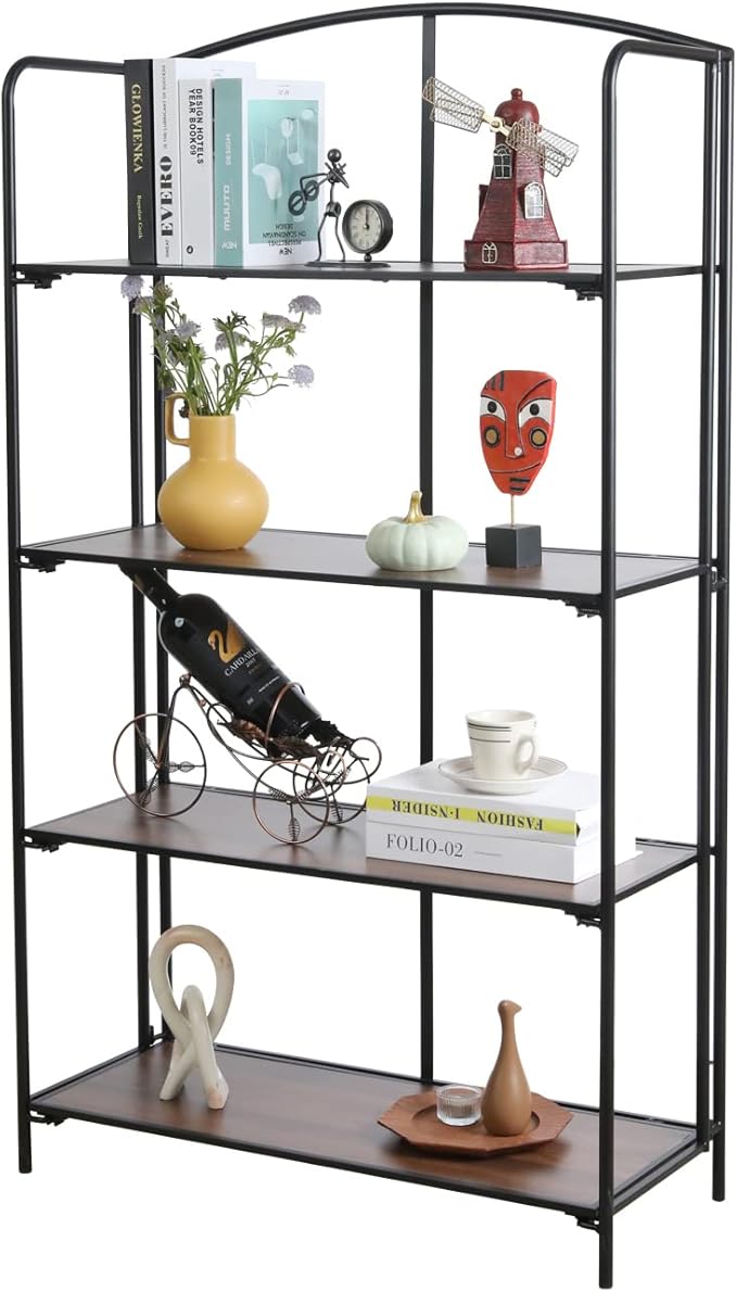 Crofy No Assembly Folding Bookshelf for Living Room, 4 Tier Black Collapsible Book Shelf for Home Office, Portable Bookcase Storage Organizer