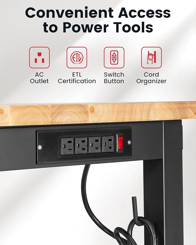 60 Inch Workbench for Garage Adjustable Height Work Bench with Pegboard Power Outlets Rubber Wood Tabletop Work Table for Cutting Wood Woodworking Shop Home Office Electronic
