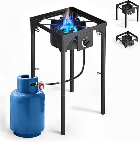 Single Burner Propane Stove, 75,000 BTU/hr, High Pressure Outdoor Propane Burner with 0-20 PSI Regulator and 4ft Hose, Gas Stove for Patio Backyard Camping with Detachable Stand Legs