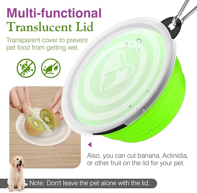 Pawaboo Collapsible Dog Bowls 2 Pack, Silicone Feeding Watering Bowls with Lids & Carabiners for Dogs Cats, Portable Water Feeder Food Bowl for Walking Traveling Home Use, Pink + Green