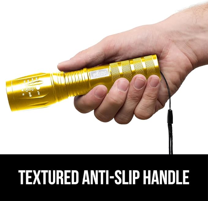 GORILLA GRIP Powerful LED Tactical Flashlight, 750 FT High Lumens 5 Adjustable Modes, Water Resistant, Ultra Bright Zoom Flashlights, Small Mini Flash Light, Camping, Night Dog Walking, 2 Pack Gold