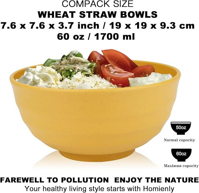 Homienly Wheat Straw Bowls Set Large Cereal Bowls Unbreakable Salad Bowl Set of 8 Sturdy and Stackable Serving Bowl Big Bowls for Salad,Cereal,Soup,Ramen,Dinner,Oatmeal Etc... (Yellow, 60 OZ)
