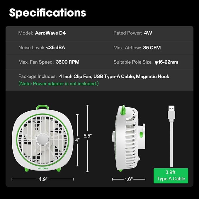 VIVOSUN AeroWave D4, 4” Grow Tent Clip Fan with Detachable Hook, 3-Speed Strong & Quiet Airflow, Adjustable Airflow Angle for Hydroponics, Circulation & Cooling, White, 2-Pack