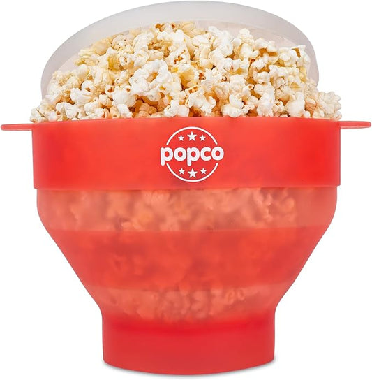 POPCO Silicone Popcorn Maker - Microwave Popcorn Popper - Collapsible Bowl, Heat-Resistant, Easy to Clean, Ideal for Family Movie Nights, 15-Cup Capacity - Transparent Red