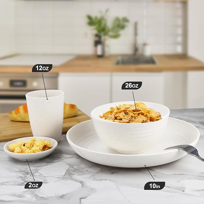 Wheat straw bowl and plate sets of 16 with cups - Unbreakable plastic dinnerware sets for kitchen - Microwave and Dishwasher safe dishes for kitchen,camping,indoors and out doors. White
