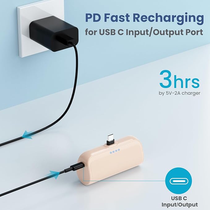 Mini Portable Charger 5200mAh,Ultra-Compact USB C Power Bank Portable Phone Charger,PD Fast Charging Cell Phone Battery Pack Compatible with Samsung Galaxy,Moto,LG,Google Pixel Android-Light Orange