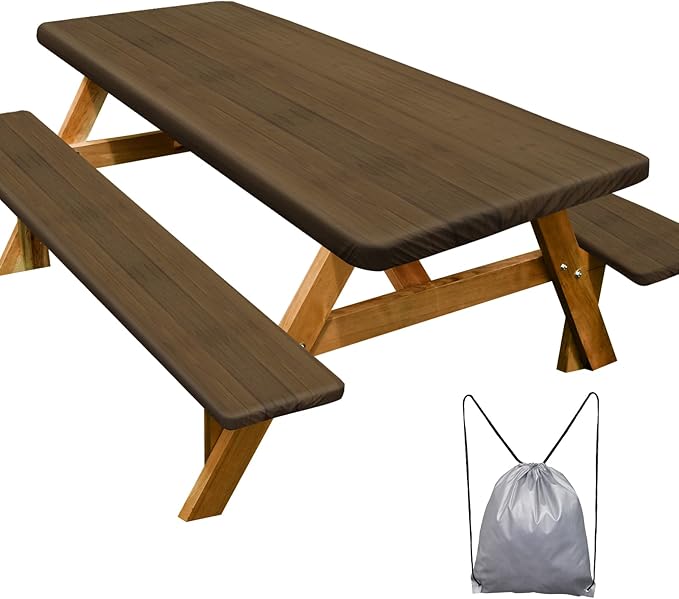 Picnic Table Cover with Bench Covers Camping Essentials Waterproof Windproof Camping Tablecloth with Drawstring Bag, Fitted Rectangle Tables and Seats, 60in, Dark Brown