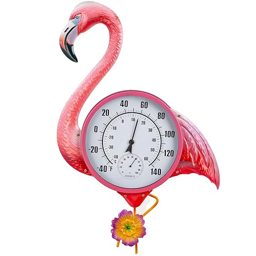 Large Outdoor Thermometer, Flamingo Wall Thermometer Hygrometer No Need Battery, Retro Sun Outside Thermometer Decoratibve for Backyard, Garden, Living Room