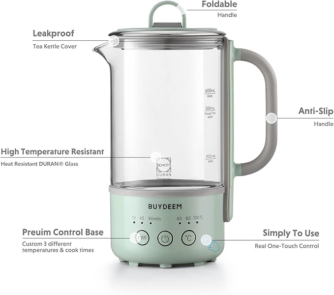 BUYDEEM K313 Travel Electric Kettle, Mini Healthy-Care Beverage Kettle, Tea Maker with Heat Resistant DURAN® Glass & Durable Pro 18/10 Pro Stainless Steel, 0.6L, Cozy Greenish
