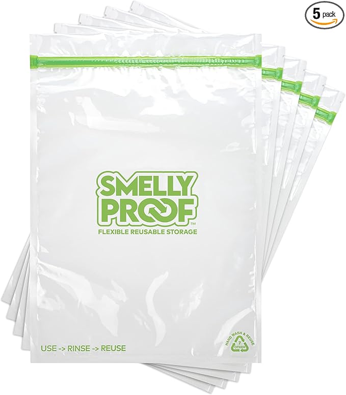 Smelly Proof Reusable Freezer Bags for Food Storage MADE IN USA, Easy Clean, Dishwasher-Safe, BPA FREE, NO PEVA, XXL 3-mil Thick Bags, Extra Large+ Clear FLAT 12" x 16", 2-GALLON, 5-Pack