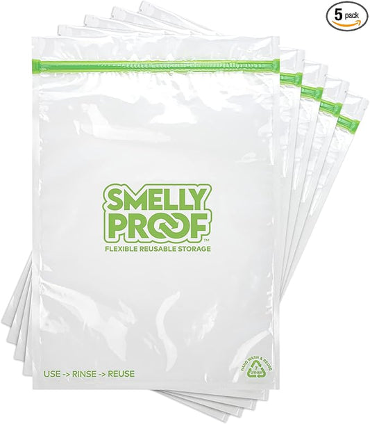 Smelly Proof Reusable Freezer Bags for Food Storage MADE IN USA, Easy Clean, Dishwasher-Safe, BPA FREE, NO PEVA, XXL 3-mil Thick Bags, Extra Large+ Clear FLAT 12" x 16", 2-GALLON, 5-Pack