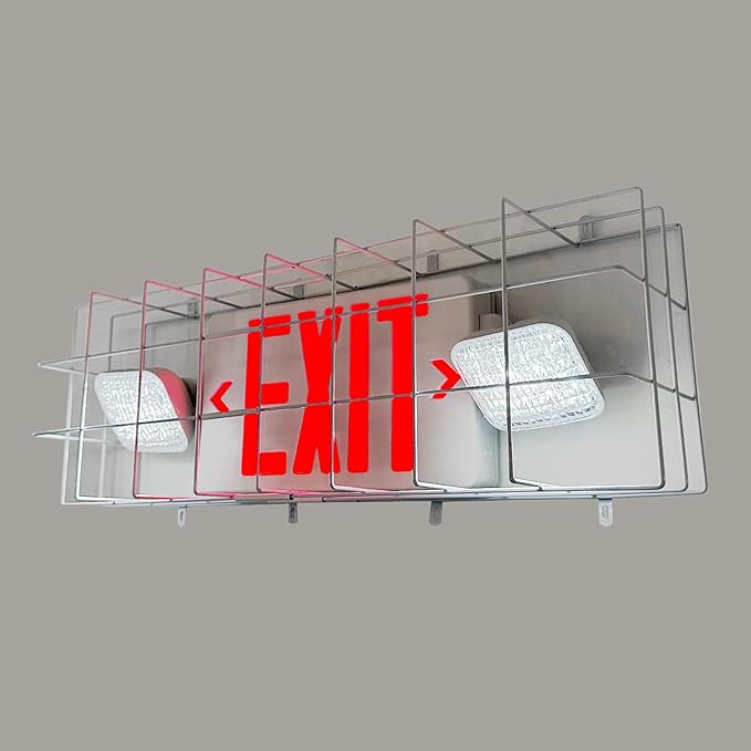 TANLUX Exit Sign Combo with Steel Cage, Square Light Head, Wall Mounted Emergency Exit Light with Protective Wire Guard, Red Exit Sign with Emergency Lights