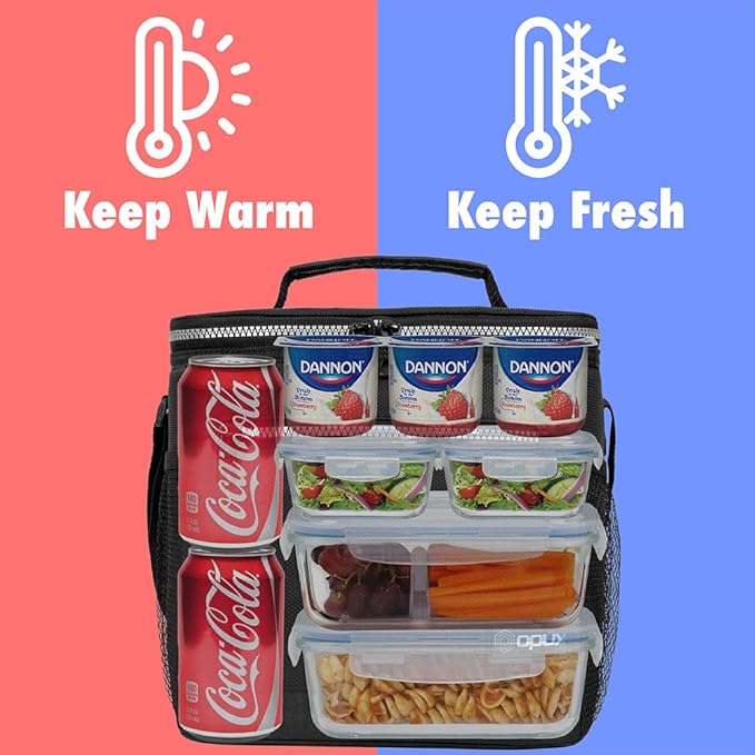 opux Extra Large Insulated Lunch Box Men Women, Lunch Bag for Work, Leakproof Soft Cooler Tote Adult, Lunch Pail, Picnic Beach Collapsible Food Bag with Shoulder Strap, Black