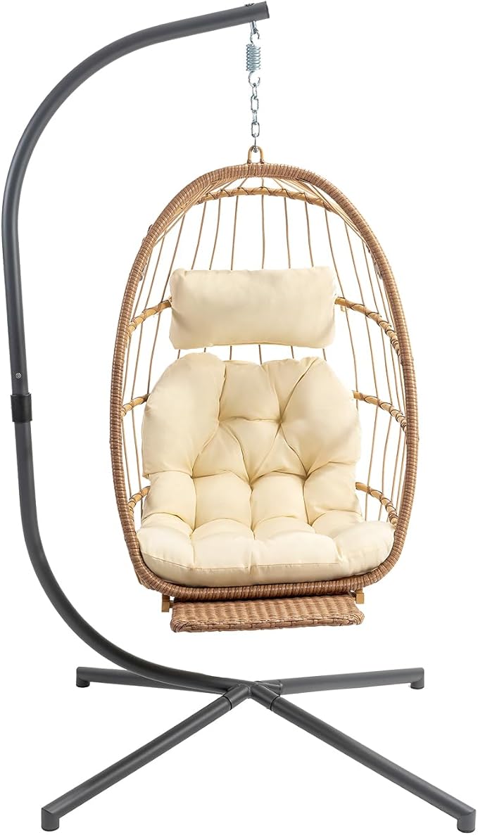Yechen Hanging Egg Chair with Stand and Footrest for Indoor Outdoor, Foldable Wicker Rattan Patio Egg Swing Chairs Hammock Egg Chair with UV Resistant Cushion for Bedroom Porch, 350 Lbs Capacity