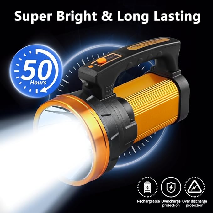 Super Bright Flashlight 1400LM 6800mAh Handheld Spotlight,50H Long Lasting Rechargeable Spotlight IP67 Waterproof Bright Flashlight Lightweight for Camping Hiking Boating(Aluminium head ring)