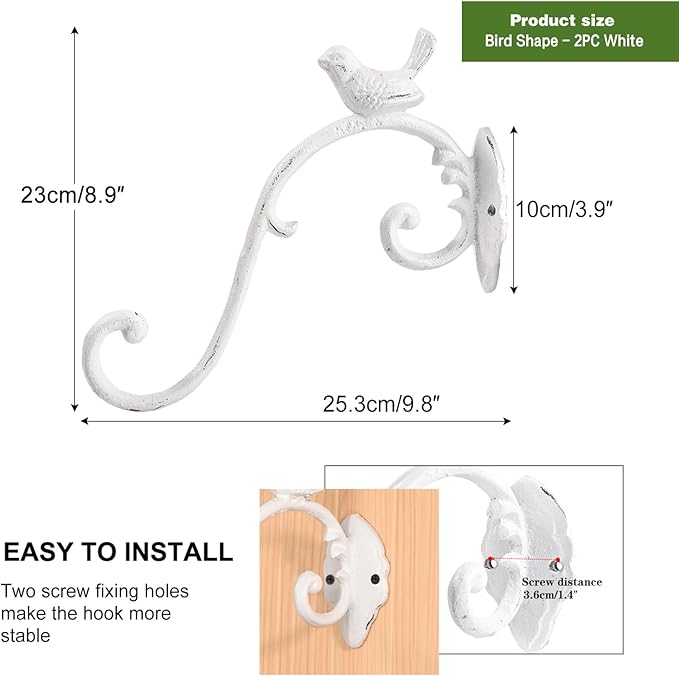 Sungmor Cast Iron Plant Hanger Wall Hooks, Heavy Duty Hanging Basket Brackets, Lovely Bird Shape & 10 inch & 2PC White, Decorative Wall Hangers for Planters Lanterns Bird Feeders Houses Wind Chimes