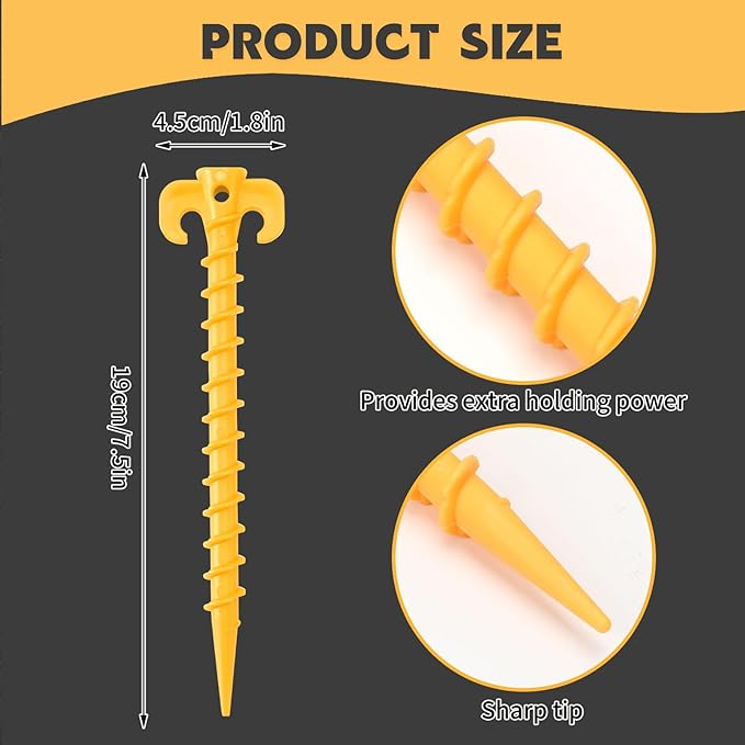 AUGSUN 16 Pack Plastic Tent Stakes Heavy Duty, Yellow Sand Stakes for Beach 7.5 Inch Screw in Tent Stakes Spiral Ground Anchors Tent Pegs Canopy Stakes for Inflatables Outdoor Camping Hiking Garden
