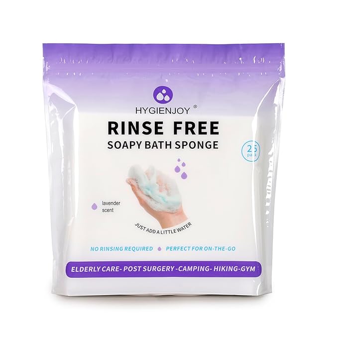 HYGIENJOY-21% Lager Rinse Free Bath Sponges for Adults-Disposable No Rinse Bathing Wipes-Soap Infused,Dry Shower Wipes for Elderly,Camping,Post Surgery Must Haves,(Lavender 25 Counts）