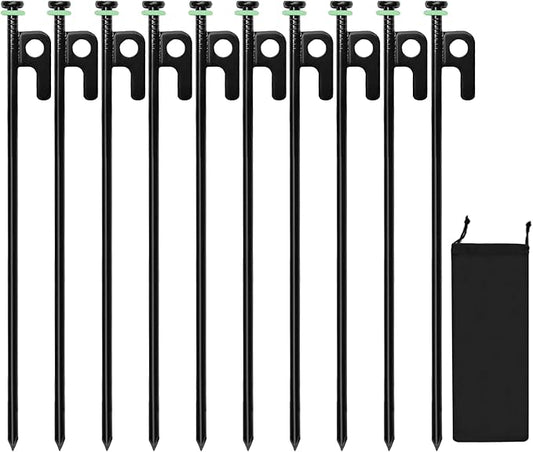 10Pcs Tent Stakes, 12in Heavy Duty Tent Stakes with Storage Pouch, Forged Steel Tent Sakes Metal, Metal Stakes for Tent Used (10Pcs, 12in, Diameter 1/4")