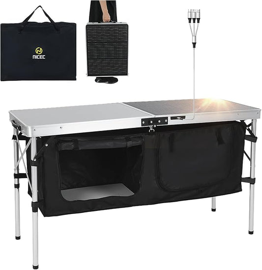 Nice C Camping Table, Storage Camping Table with Solar Panels, Storage Kitchen Tables, Folding Tables, 45W Output, w/USB, Type-C & DC Charging Cable, For Outdoor, Beach, BBQ, Picnic, Cooking, Festival