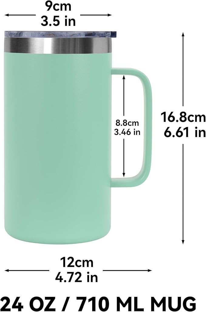 DOMICARE 24oz Mug with Handle and Lid, Stainless Steel Coffee Mug, Travel Mug with Handle, Double Wall Vacuum Coffee Tumbler, Reusable Insulated Cup, Mint Green, Pack 8
