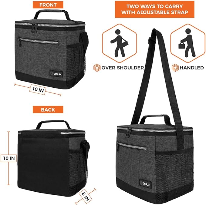 opux Extra Large Insulated Lunch Box Men Women, Lunch Bag for Work, Leakproof Soft Cooler Tote Adult, Lunch Pail, Picnic Beach Collapsible Food Bag with Shoulder Strap, Charcoal
