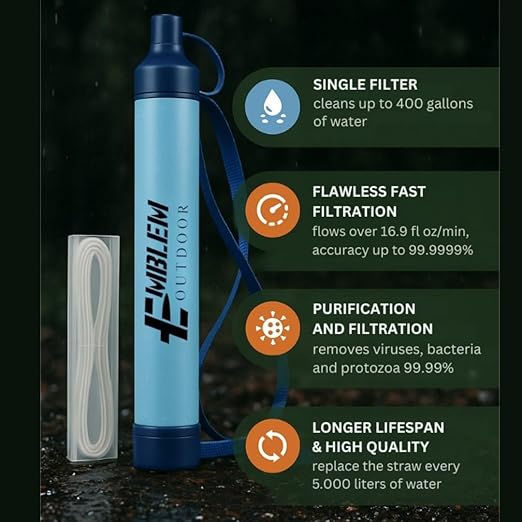 Portable Survival Water Filter Straw for Emergencies. Emergency Water Filtration to Purify Water When Camping, Hiking, or During a Disaster. Personal Water Filter and Purifier for Travel (2 Pack)