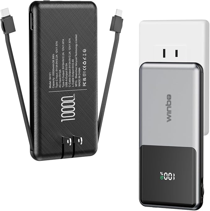 Portable Charger with Built in Cables 10000mAh, Power Bank for iPhone with Wall Plug, Travel Essential 22.5W USB C Fast Charging Compact Battery Pack for iPhone16/15/14, Samsung, iPad, etc