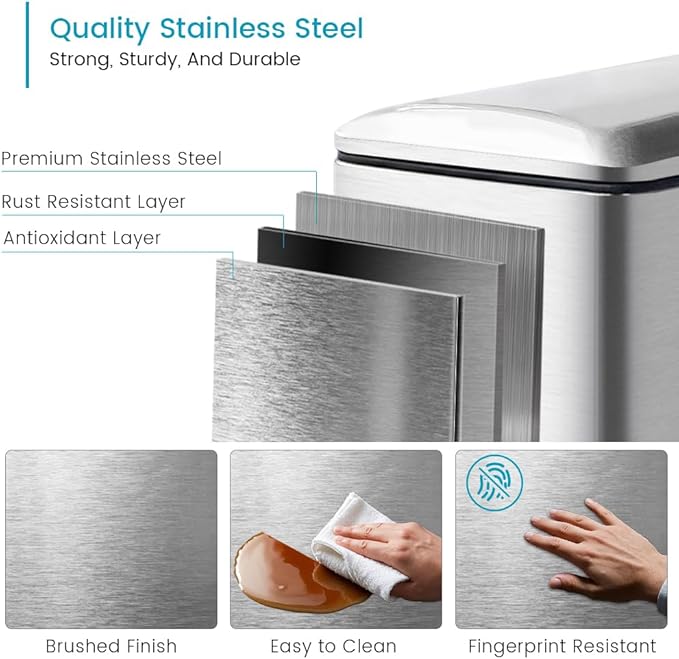 12 Gallon Slim Kitchen Trash Can, Metal Trash Can with Removal Inner Bucket and Soft-Close Lid, Foot Pedal, Stainless Steel Garbage Can 45 Liter, Silver