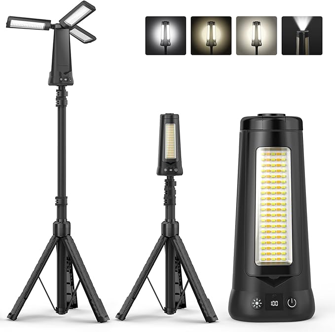 Rechargeable Camping Light with Stand 7 ft Max Height, 15000mAh Portable Cordless LED Work Light, 5500 Lumen 6500/4500/3500K Dimmable Emergency Flashlight with Detachable Tripod, Black