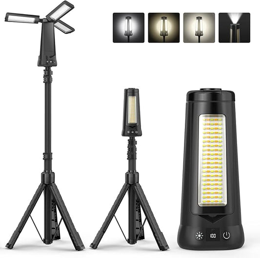 Rechargeable Camping Light with Stand 7 ft Max Height, 15000mAh Portable Cordless LED Work Light, 5500 Lumen 6500/4500/3500K Dimmable Emergency Flashlight with Detachable Tripod, Black