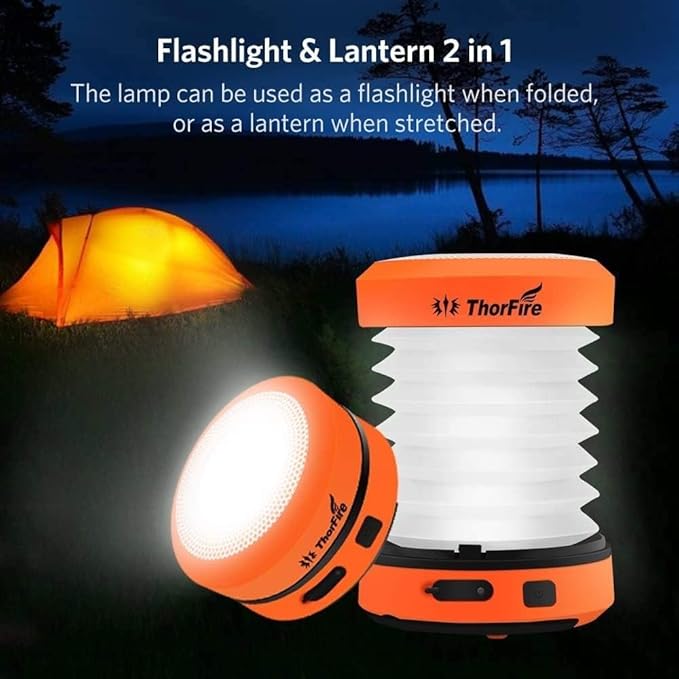 THORFIRE Collapsible LED Camping Lantern Rechargeable, Portable Hand Crank Lantern Flashlight with 4 Light Modes for Power Outage, Hiking, Emergency, Fishing (2 Pack)