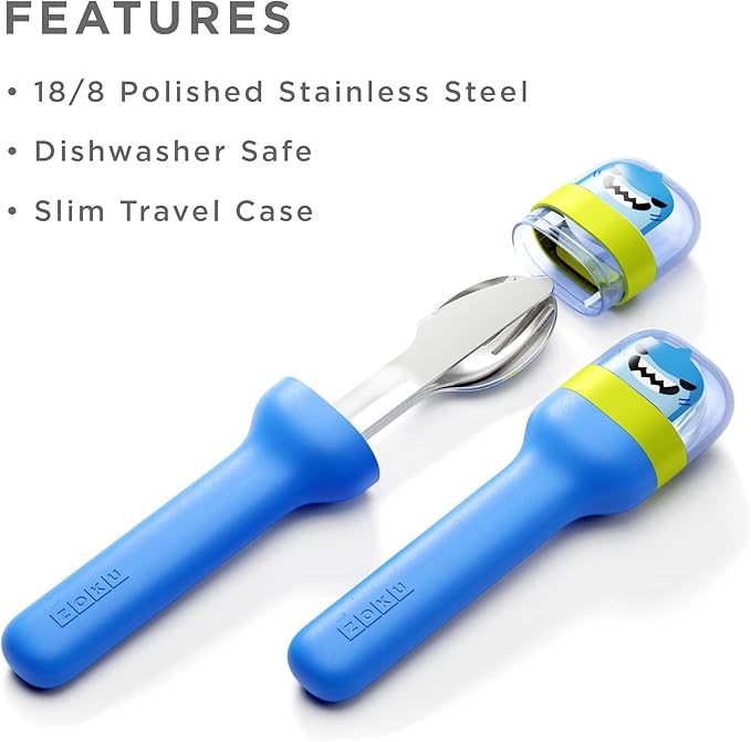ZOKU Kids Pocket Utensil Set, Shark - Stainless Steel Fork, Knife, and Spoon in Case - Portable Design for Travel, School, Picnics, Camping and Outdoor Home Use