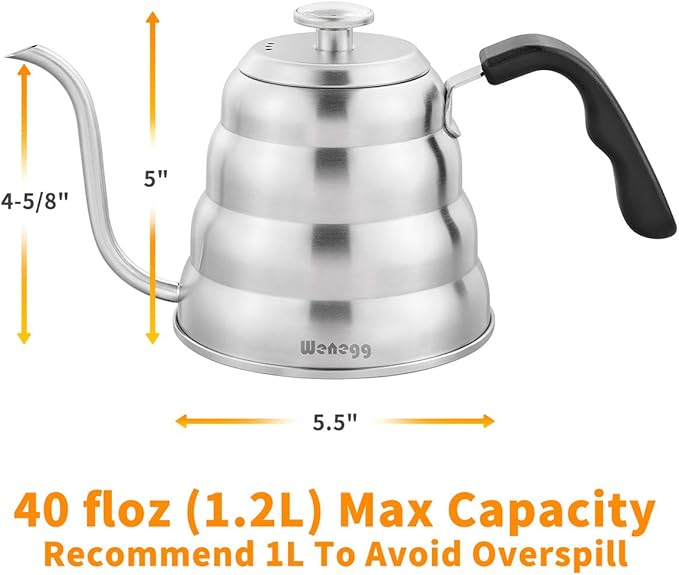 Pour Over Coffee Kettle with Thermometer for Exact Temperature 40 fl oz - Premium Stainless Steel Gooseneck Tea Kettle for Drip Coffee, French Press and Tea - Works on Stove and Any Heat Source