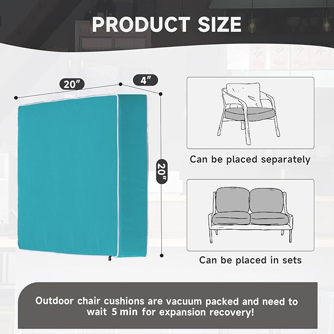 PNP FKJP 2 Pack Outdoor Chair Cushion 20" X 20" X 4", Waterproof Outdoor Seat Cushions with Non-Skid Ties, Aqua Blue (Cushion + Cover)