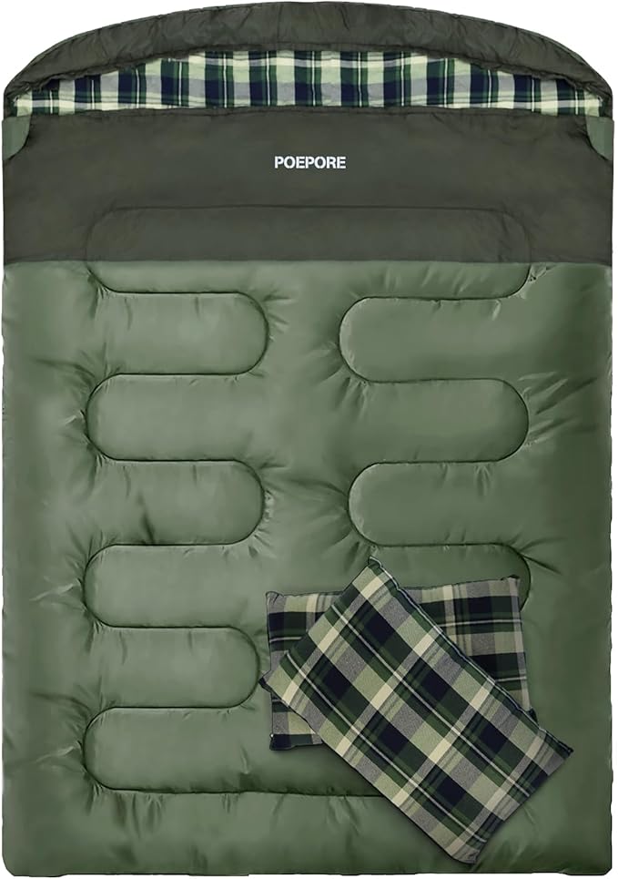 Double Sleeping Bag Flannel for Adults with 2 Pillows 2 Person Sleeping Bags Camping XXL Queen Size Two Person Sleeping Bag for Cold Weather