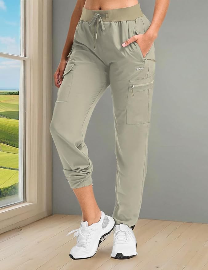 BVVU Women's Hiking Pants Lightweight Quick Dry Travel Outdoor Pants Waterproof Work Cargo Joggers with Zipper Pockets