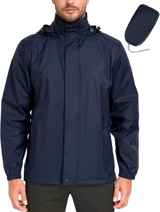 MANSDOUR Men's Packable Rain Jacket Waterproof Lightweight Windbreaker Cycling Golf Hiking Reflective Raincoat with Hood