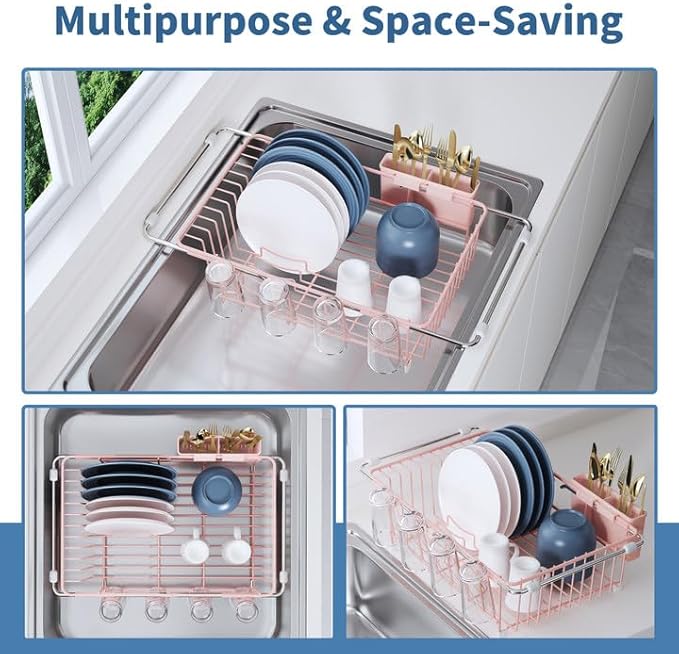 Dish Drying Rack in Sink, Pink Dish Dryer Racks Over Sink, Dishes Drainers for Kitchen Sink, Stainless Steel Plates Drying Rack with Utensil Holder & Cups Holder