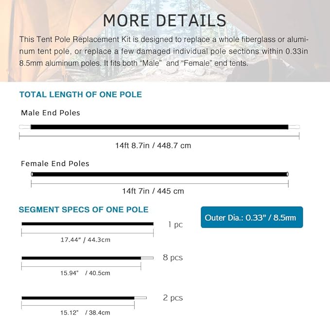 Aluminum Tent Poles Replacement, Fits Both Female and Male Ends, Lightweight Tent Pole Repair Kit, 7001 Aluminum Alloy T6 Heated